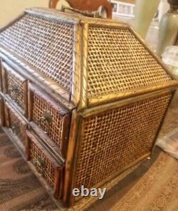 Vintage RARE Bamboo Wicker Jewelry Box Tea Holder 6 Drawers