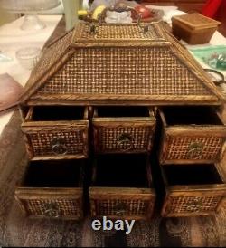 Vintage RARE Bamboo Wicker Jewelry Box Tea Holder 6 Drawers