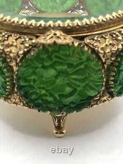 Vintage Rare Ormolu Brass Gold Jewelry box 8 Green Round Medallions Footed