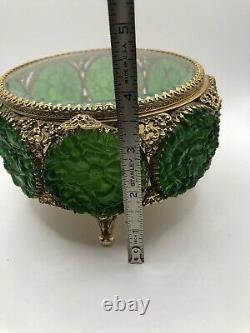 Vintage Rare Ormolu Brass Gold Jewelry box 8 Green Round Medallions Footed