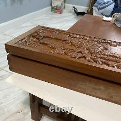 Vintage Rare RIFLE /GUN CASE WOOD BOX WITH Carving of Hunting Man And Deer