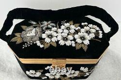 Vintage & Rare YUKI TORII Tokyo Black Velvet/Embroidered Flowers Box Handbag