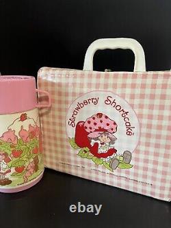 Vintage Strawberry Shortcake Lunchbox Vinyl Pink Thermos Lunch Box 1980s RARE