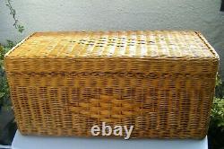 Vtg 70's Rare Boho Tiki Wicker Rattan Storage Blanket Box Trunk Table Ottoman
