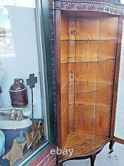 Antique Victorienne Rare Élégant Chêne Ornementé Corner Incurvé Cabinet En Verre Curio