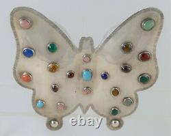 Boîte En Argent Sterling Vintage Rare En Forme De Papillon Avec Incrustation De Pierre Multi-couleurs
