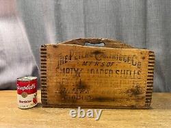 Boîte à munitions en bois antique de la Peters Cartridge Co avec des queues d'aronde, rare avec poignée, vintage de chasse.