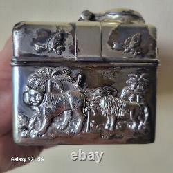 Boîte en argent plaqué antique avec décorations d'animaux exotiques des années 1800 RARE.