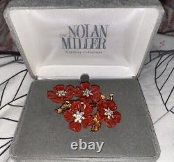 Boîte vintage rare de Nolan Miller Orange Blossom avec une broche à fleur en lucite et strass