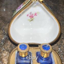 Coffret à parfum vintage rare en porcelaine de Limoges, peint à la main avec des fleurs en forme de cœur, marqué Depose.