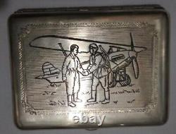 Étui à cigarettes vintage en argent plaqué avion pilote militaire russe boîte rare 1931
