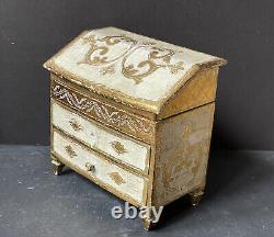 GRAND Coffret à bijoux ancien ITALIEN FLORENTIN en bois doré et blanc RARE