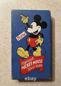 Montre Mickey Mouse Ingersoll des années 1930 avec boîte bleue d'origine rare