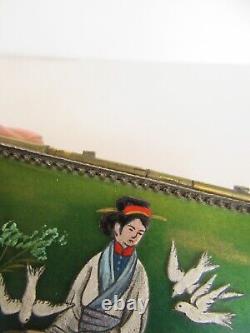 RARE Boîte à bijoux en émail Art Déco vintage français Camile Faure Limoges avec geisha et colombes