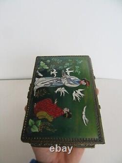 RARE Boîte à bijoux en émail Art Déco vintage français Camile Faure Limoges avec geisha et colombes