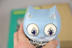 Rare 60s Bleu Jeweled Vintage Électrique Kit Chat Klock Kat Horloge Avec Boîte
