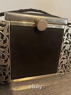 Rare Sac à main en tissu noir vintage tyrolien avec boîte en métal filigrané - années 1950