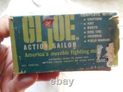 Rare Vintage 1964 GI Joe Action Sailor Très beau avec boîte, plaques d'identification et documents