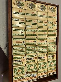 Rare Vintage Antique Chinois Mahjong Jeu Ensemble Dans Boîte Cas Bone & Bamboo