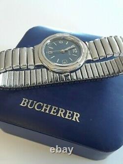 Rare Vintage Bucherer 956.730 Flex Ss Bracelet Bleu 25mm Swiss Montre Nouveau Dans La Boîte