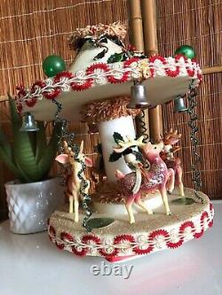 Rare Vintage Pink Reindeer Carrousel MCM Mid-century Christmas Decor Music Box