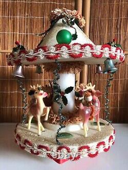 Rare Vintage Pink Reindeer Carrousel MCM Mid-century Christmas Decor Music Box