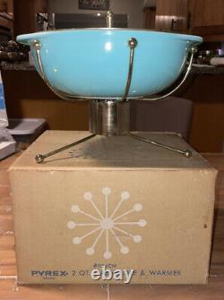 Rare Vintage Pyrex Turquoise Bleu 2 Qt Casserole & Warmer Ufo Sputnik Withbox