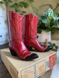Rare Vintage Tony Lama Red Leather Western Bottes Femme 7.5 Boîte Originale