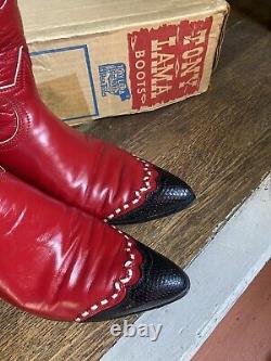 Rare Vintage Tony Lama Red Leather Western Bottes Femme 7.5 Boîte Originale
