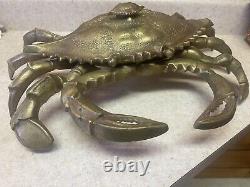 Vintage Laiton Cast Rare Grande Mama Crab Baby Sur Le Dos Boîte Àrinket Ashtray