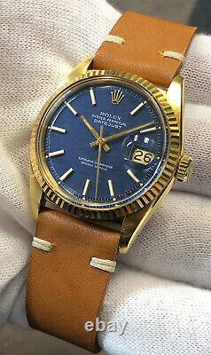 Vintage Rolex Datejust 36mm 1601 18k Yellow Gold Rare Blue Brick Dial Withbox