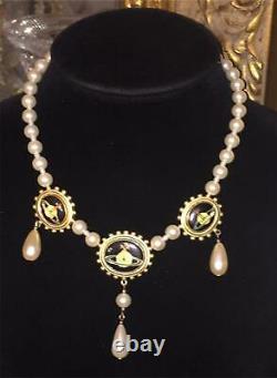 Vtg 1994 Vivienne Westwood Pearl Triple Orbe Logo Collier Or Boîte Rare