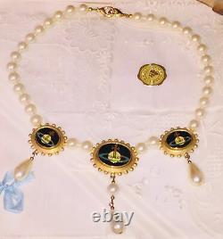 Vtg 1994 Vivienne Westwood Pearl Triple Orbe Logo Collier Or Boîte Rare