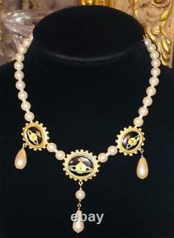 Vtg 1994 Vivienne Westwood Pearl Triple Orbe Logo Collier Or Boîte Rare