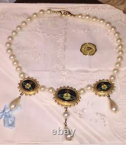 Vtg 1994 Vivienne Westwood Pearl Triple Orbe Logo Collier Or Boîte Rare